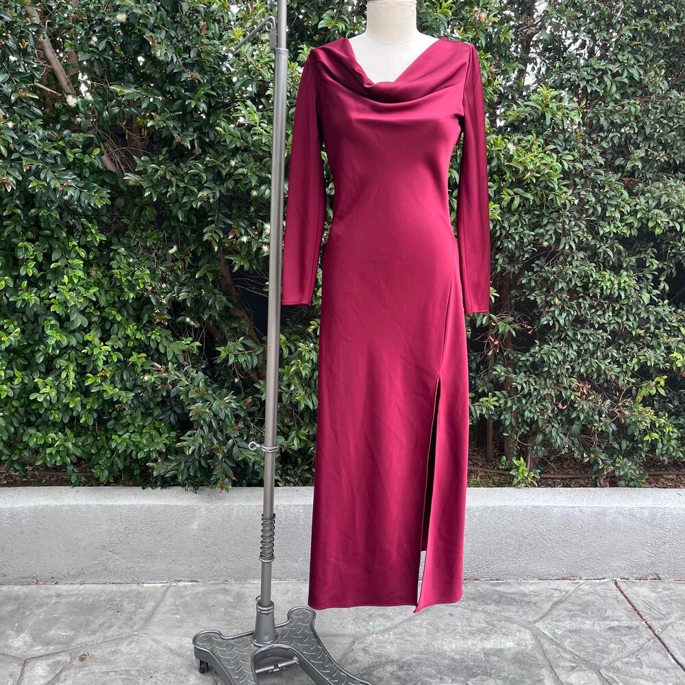 Soft Surroundings Burgundy Satin Maxi Dress Sz2 Cowl Neck Long Sleeve Side Slit